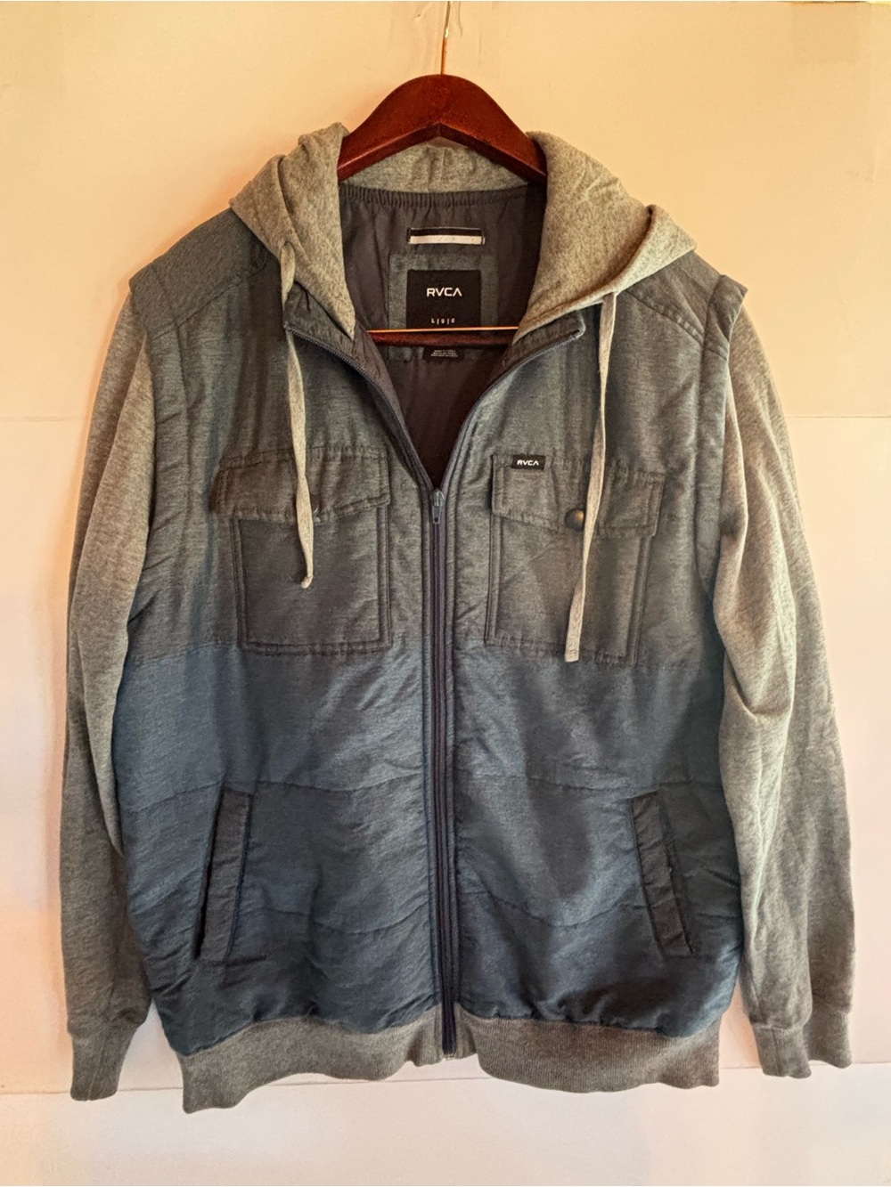 RVCA Men's Gray Puffer Hoodie Jacket L Full Zip Pockets Logo Accents